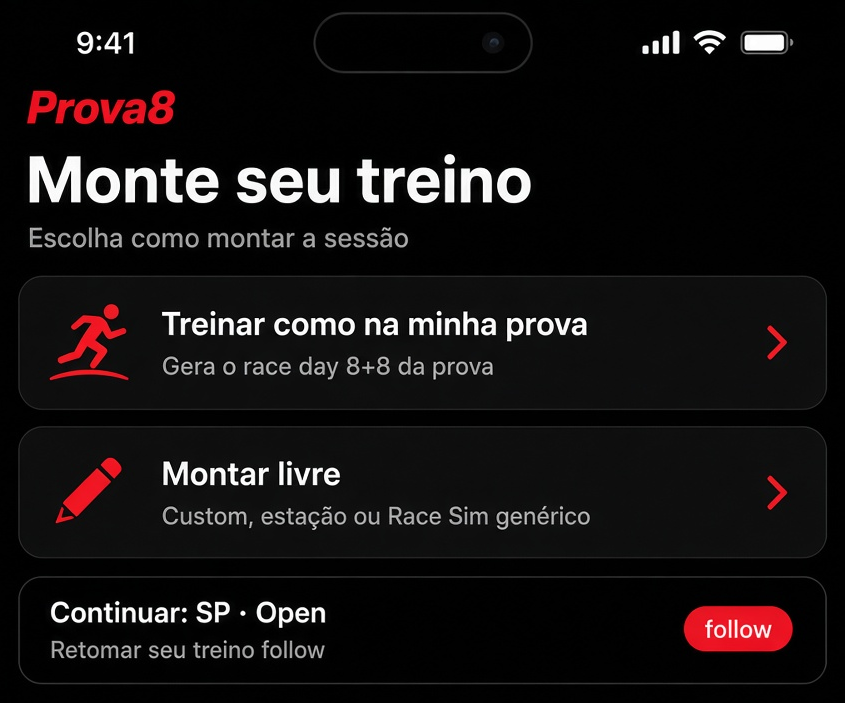 Tela hub Monte seu treino: Treinar como na minha prova ou Montar livre
