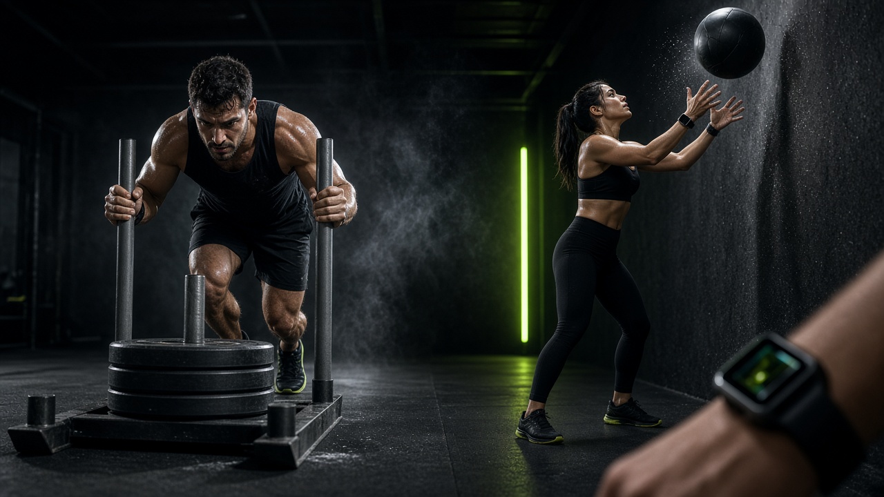 Atletas no floor: sled push, wall balls e Apple Watch com splits